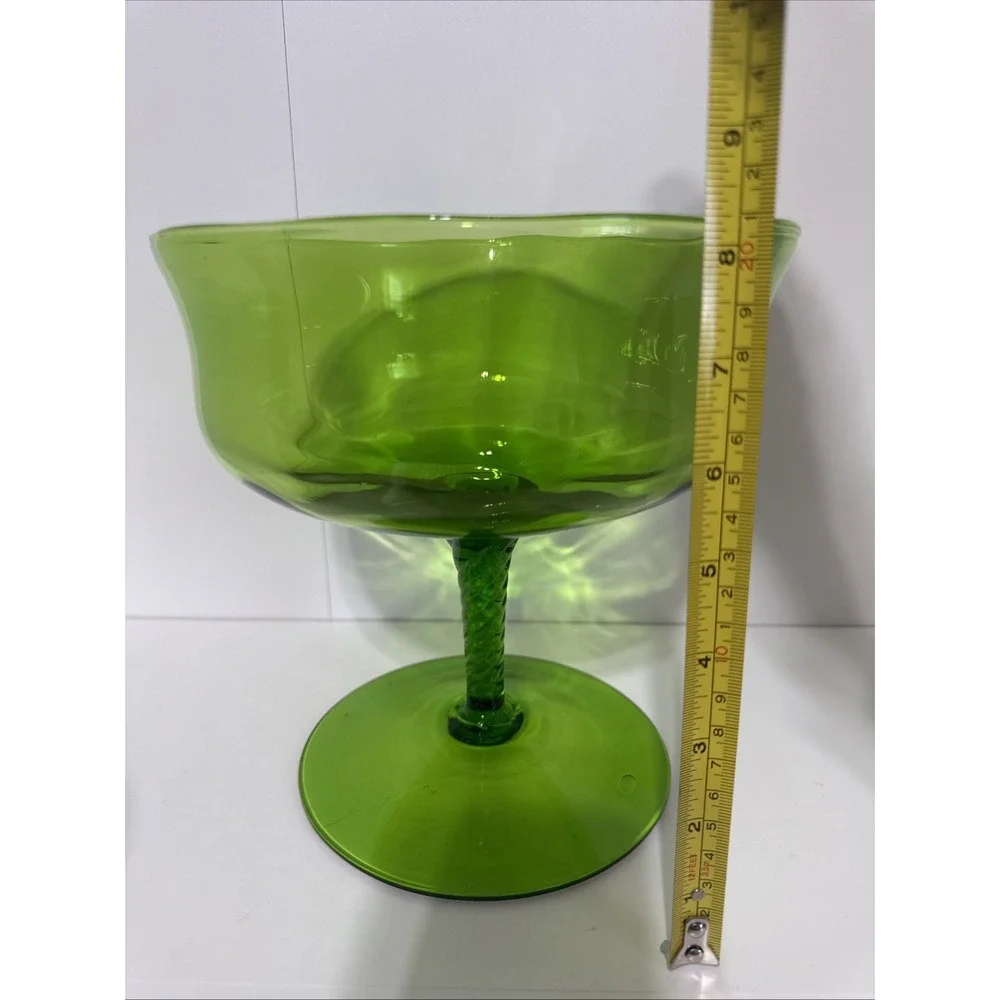 Vintage Green Glass Compote Twisted Stem Pedestal Bowl MCM 8in Tall